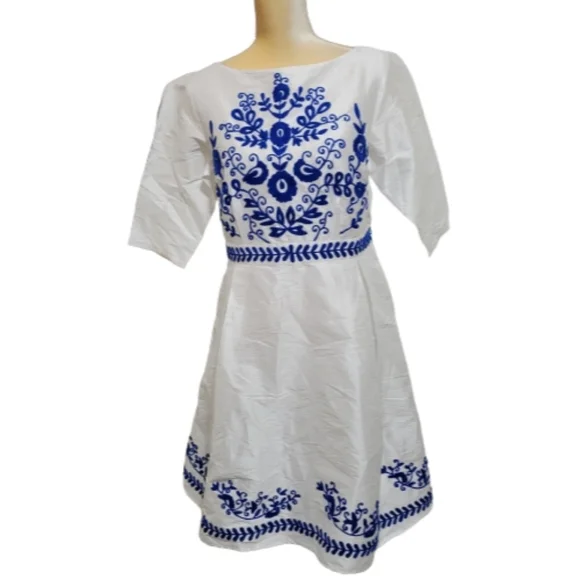 green emerald velvet dress eShakti FX Floral Embellished Cotton Chambray Shift Dress 2X-20W  Indigo/Black at Amazon Women's Clothing store